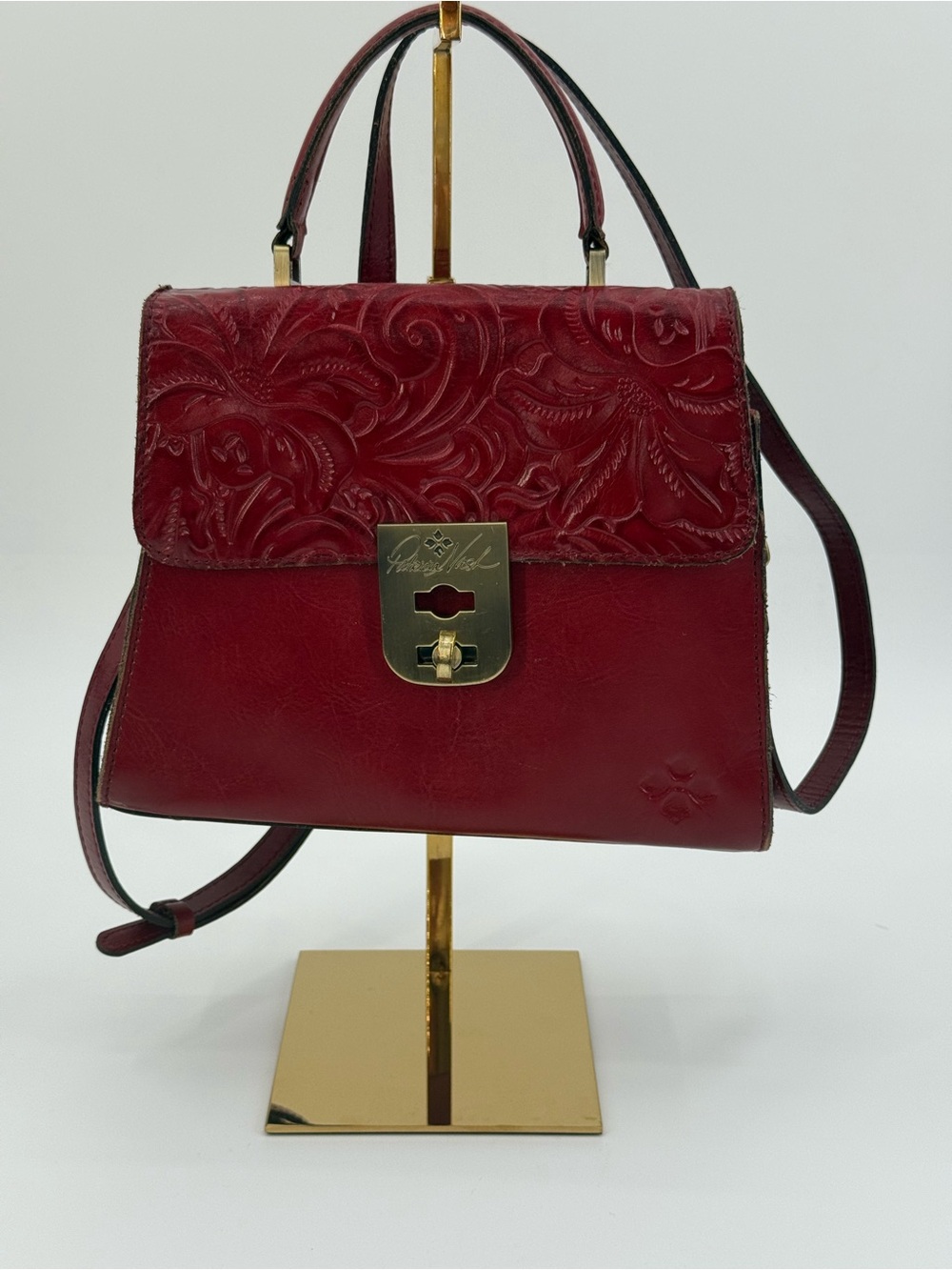Patricia Nash Tooled Leather Top Handle Crossbody Satchel Burgundy Floral Bag - Picture 6 of 16